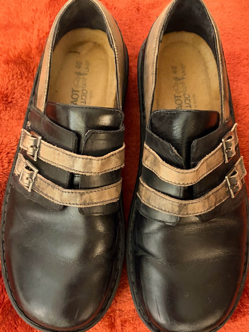 Naot Men's Black Leather Loafers with Brown leather Double Straps. Size: 9/40.